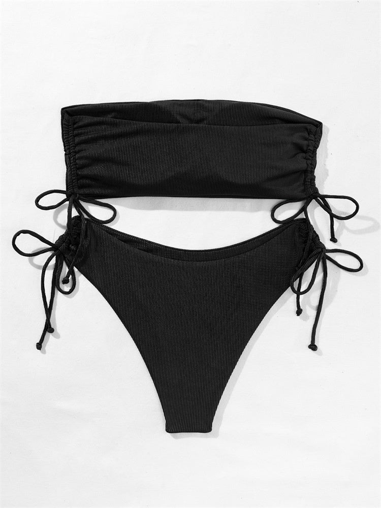 European and American Style Strapless Bikini Swimsuit for Women2024New Solid Color Sexy Huludao Swimsuit Two-Piece Swimsuit High-End Feel