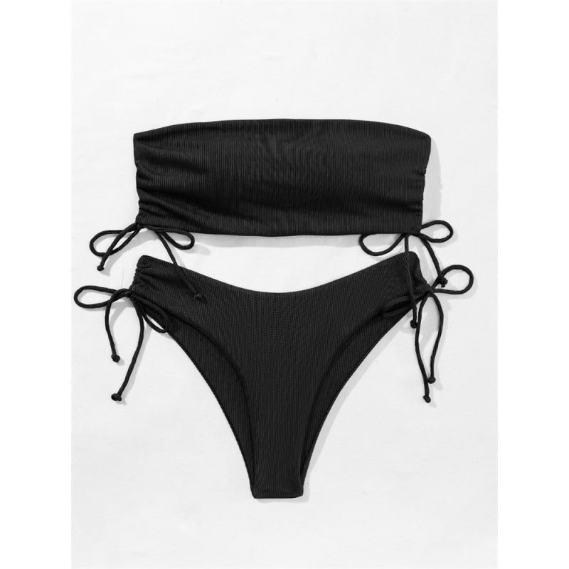 European and American Style Strapless Bikini Swimsuit for Women2024New Solid Color Sexy Huludao Swimsuit Two-Piece Swimsuit High-End Feel