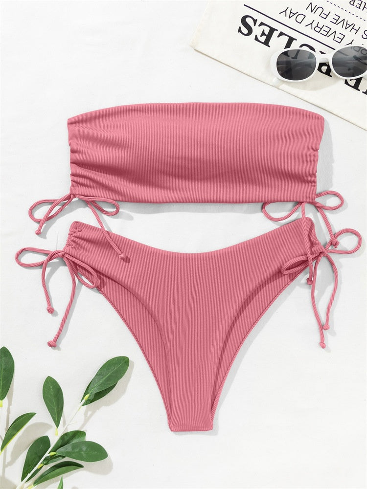 European and American Style Strapless Bikini Swimsuit for Women2024New Solid Color Sexy Huludao Swimsuit Two-Piece Swimsuit High-End Feel