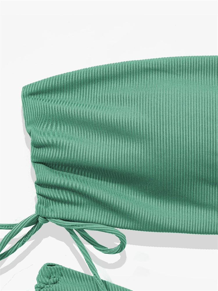 European and American Style Strapless Bikini Swimsuit for Women2024New Solid Color Sexy Huludao Swimsuit Two-Piece Swimsuit High-End Feel