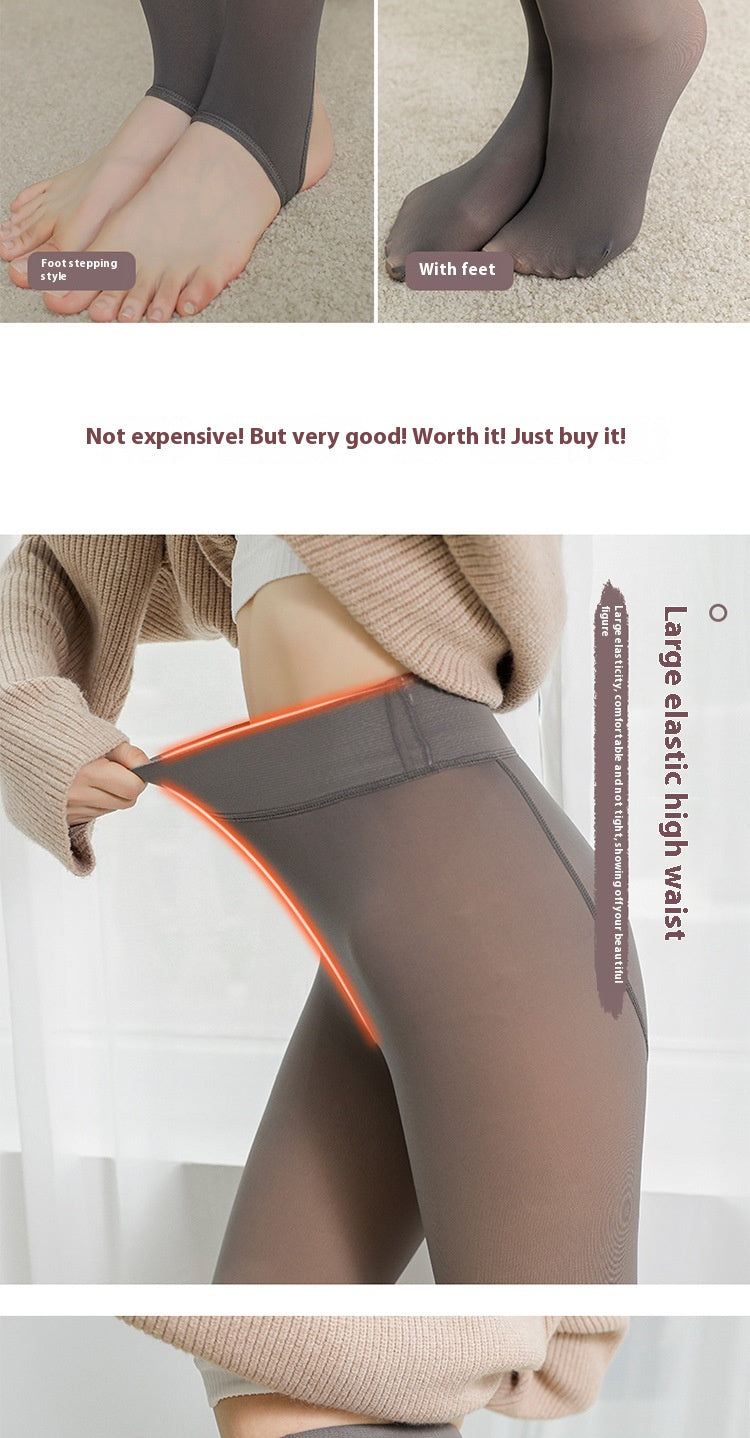 Cross-Border Hot-Selling Extra Large Size Fake Transparent Flesh-Color Black Sheer Leggings Flight Attendant Stockings Fleece-Lined Pants Bare-Leg Effect Women Autumn Winter Outer Wear