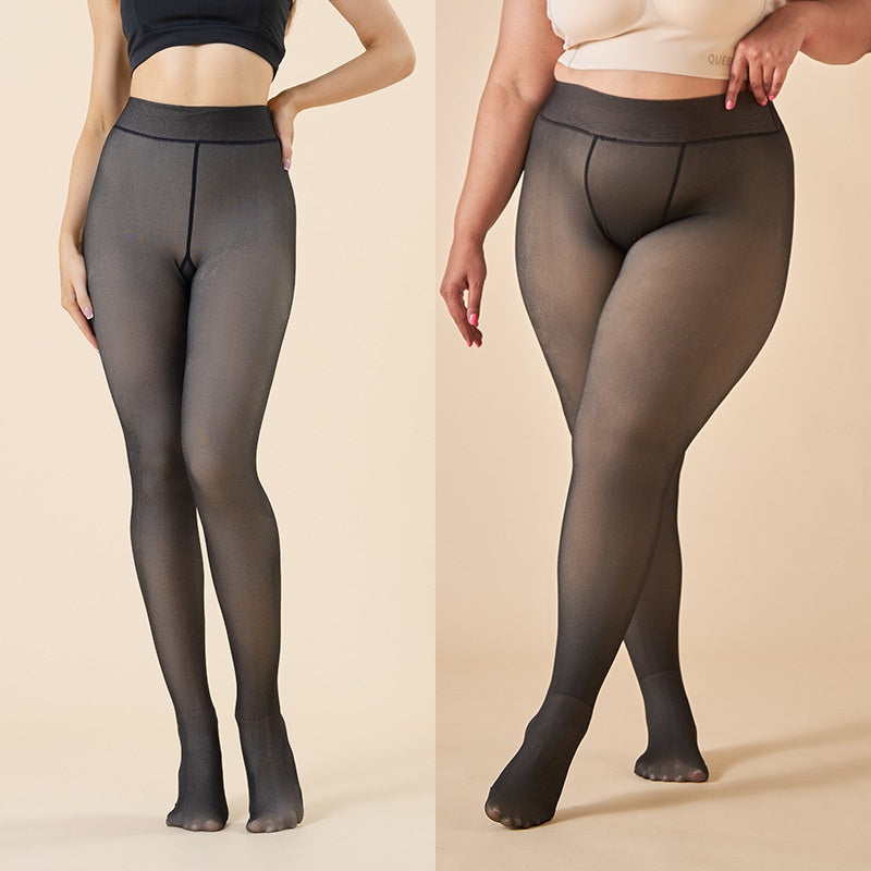 Cross-Border Hot-Selling Extra Large Size Fake Transparent Flesh-Color Black Sheer Leggings Flight Attendant Stockings Fleece-Lined Pants Bare-Leg Effect Women Autumn Winter Outer Wear