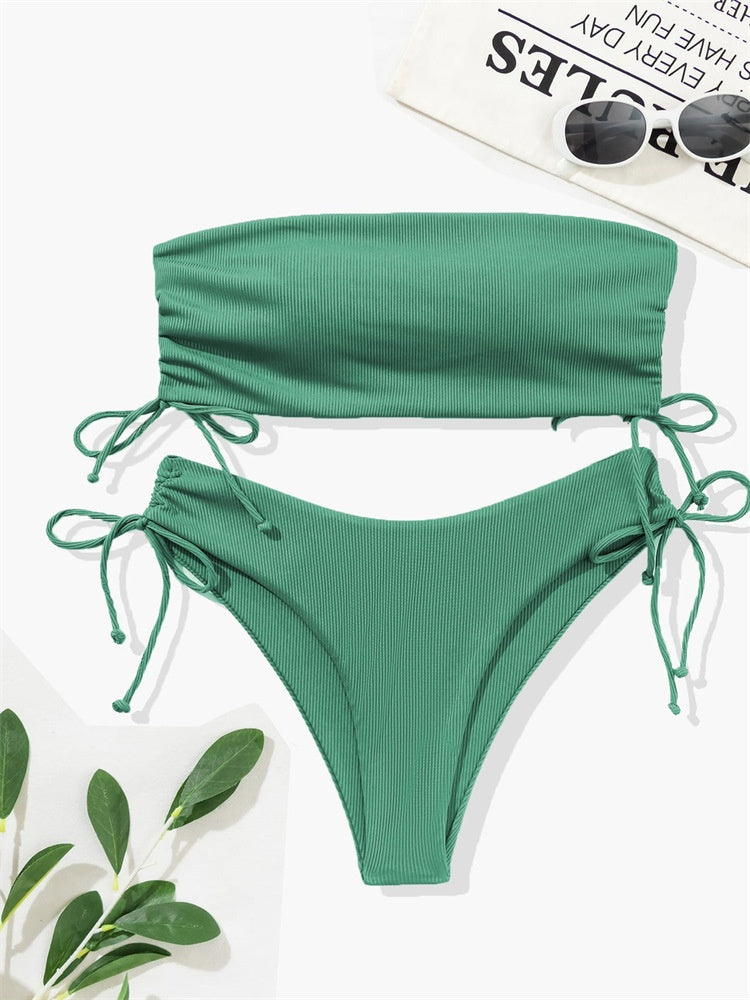 European and American Style Strapless Bikini Swimsuit for Women2024New Solid Color Sexy Huludao Swimsuit Two-Piece Swimsuit High-End Feel