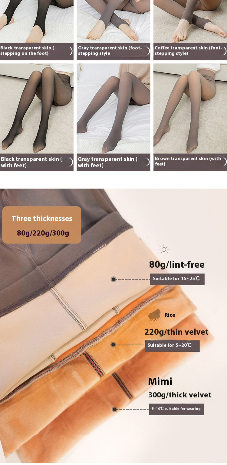Cross-Border Hot-Selling Extra Large Size Fake Transparent Flesh-Color Black Sheer Leggings Flight Attendant Stockings Fleece-Lined Pants Bare-Leg Effect Women Autumn Winter Outer Wear
