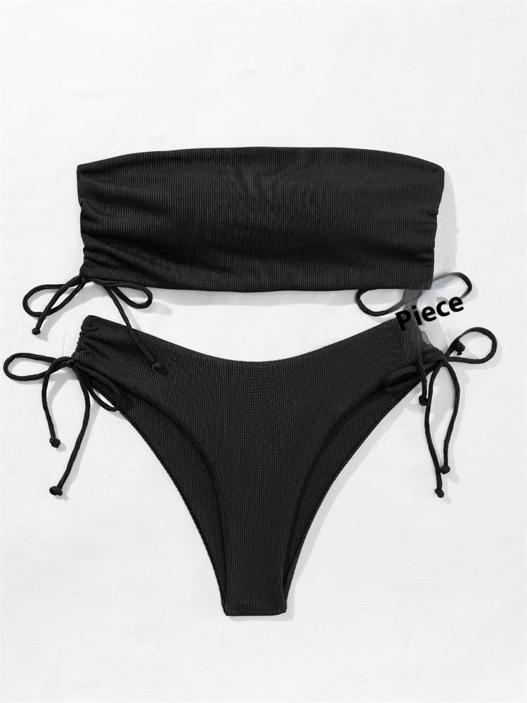 European and American Style Strapless Bikini Swimsuit for Women2024New Solid Color Sexy Huludao Swimsuit Two-Piece Swimsuit High-End Feel