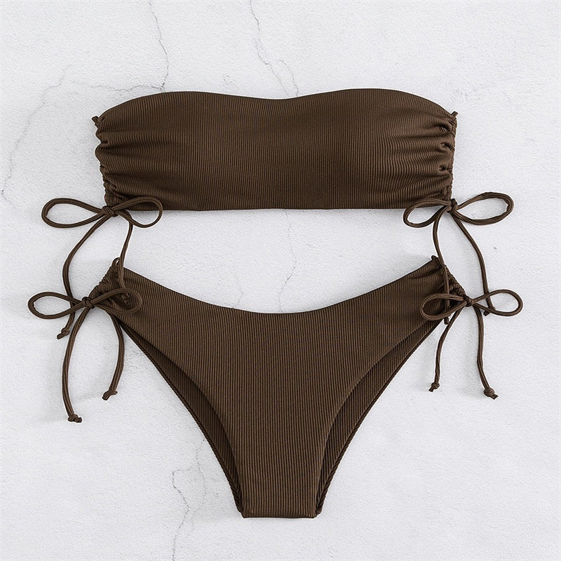 European and American Style Strapless Bikini Swimsuit for Women2024New Solid Color Sexy Huludao Swimsuit Two-Piece Swimsuit High-End Feel