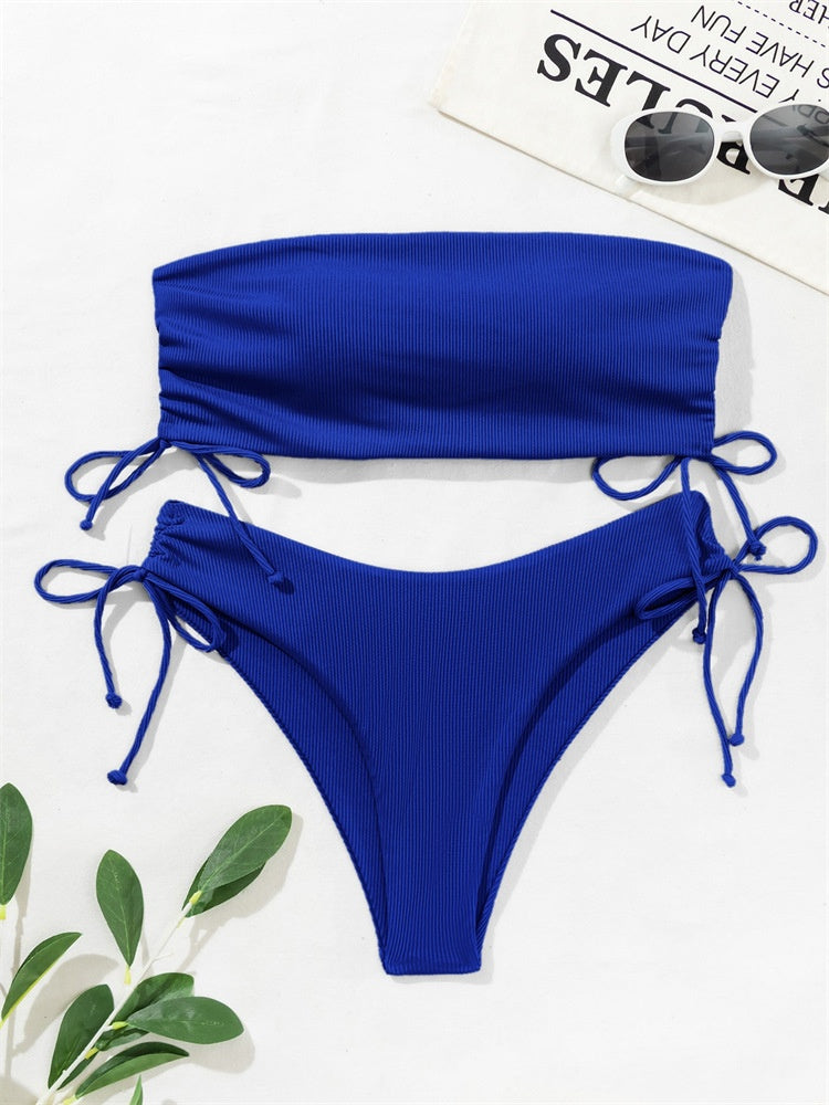 European and American Style Strapless Bikini Swimsuit for Women2024New Solid Color Sexy Huludao Swimsuit Two-Piece Swimsuit High-End Feel