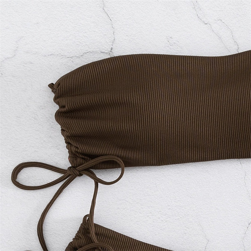 European and American Style Strapless Bikini Swimsuit for Women2024New Solid Color Sexy Huludao Swimsuit Two-Piece Swimsuit High-End Feel