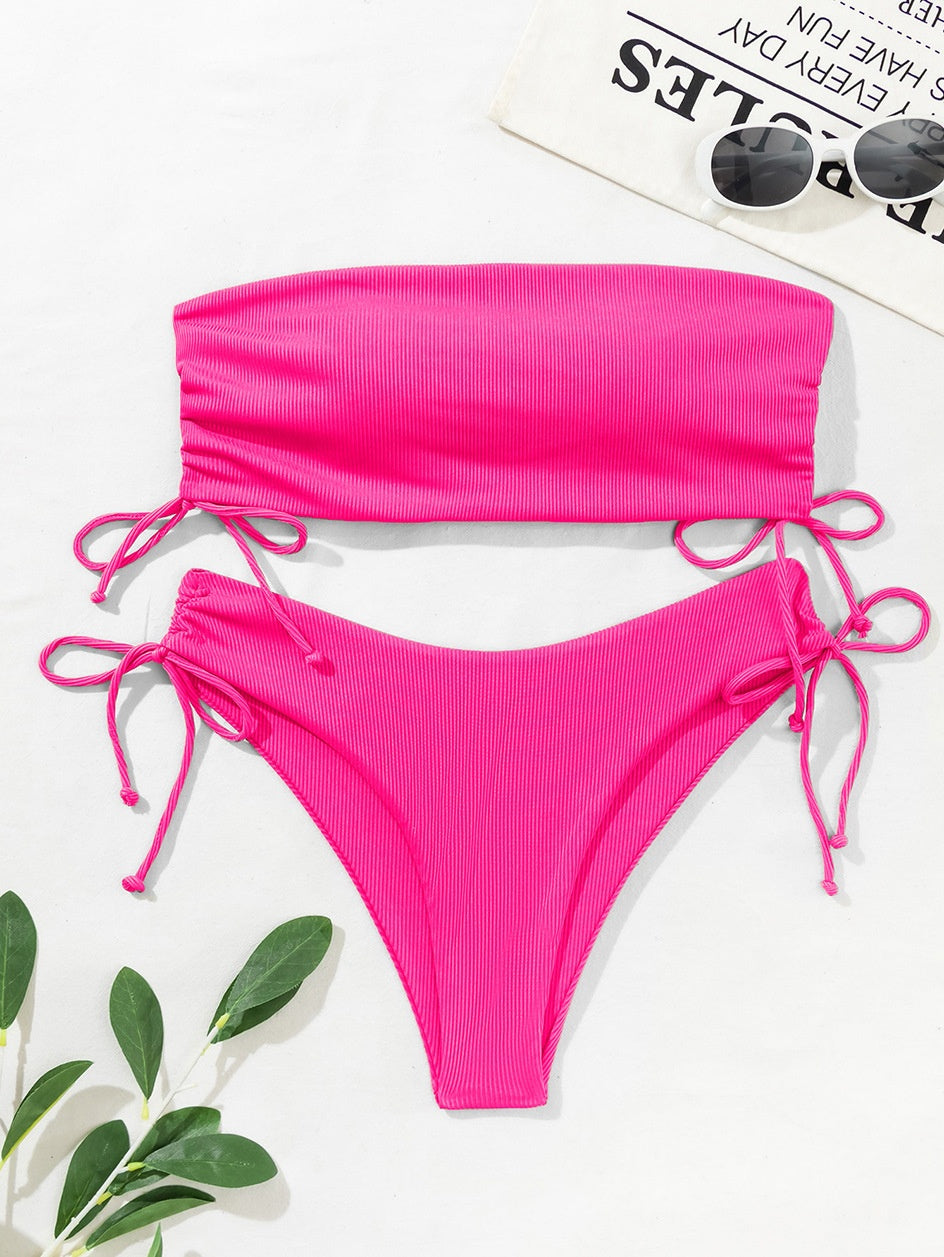 European and American Style Strapless Bikini Swimsuit for Women2024New Solid Color Sexy Huludao Swimsuit Two-Piece Swimsuit High-End Feel