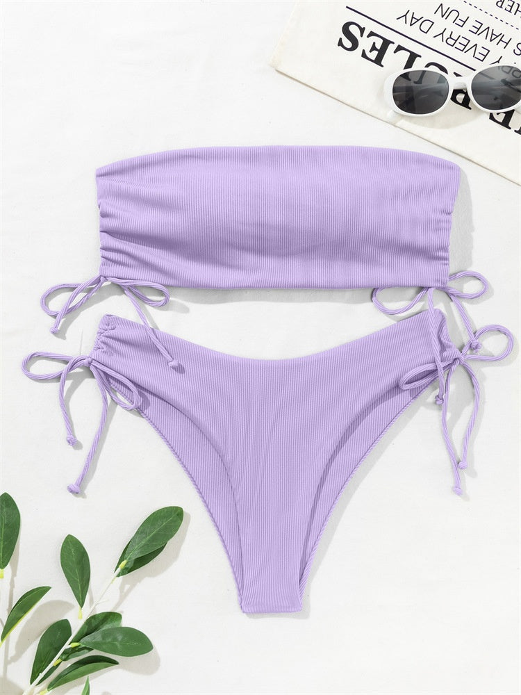 European and American Style Strapless Bikini Swimsuit for Women2024New Solid Color Sexy Huludao Swimsuit Two-Piece Swimsuit High-End Feel