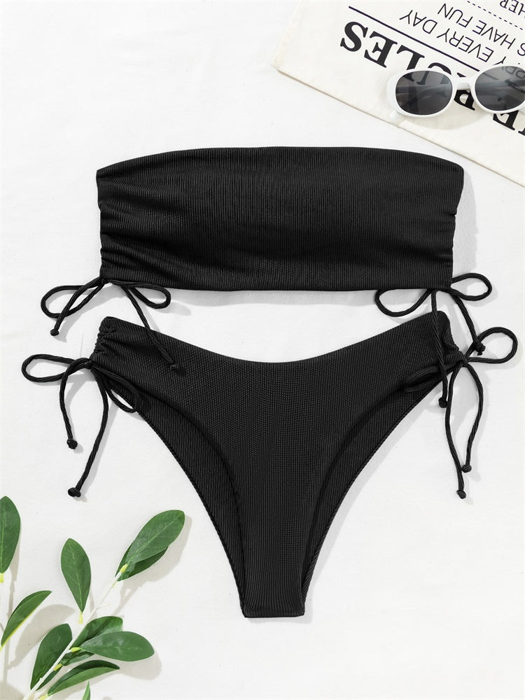 European and American Style Strapless Bikini Swimsuit for Women2024New Solid Color Sexy Huludao Swimsuit Two-Piece Swimsuit High-End Feel
