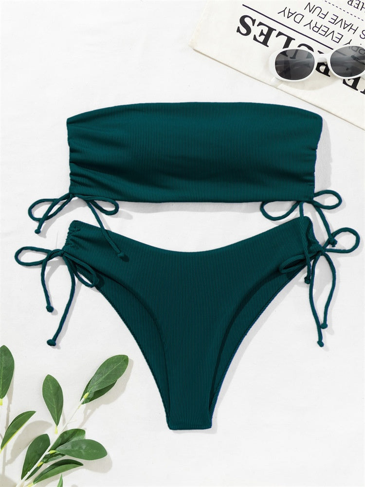 European and American Style Strapless Bikini Swimsuit for Women2024New Solid Color Sexy Huludao Swimsuit Two-Piece Swimsuit High-End Feel